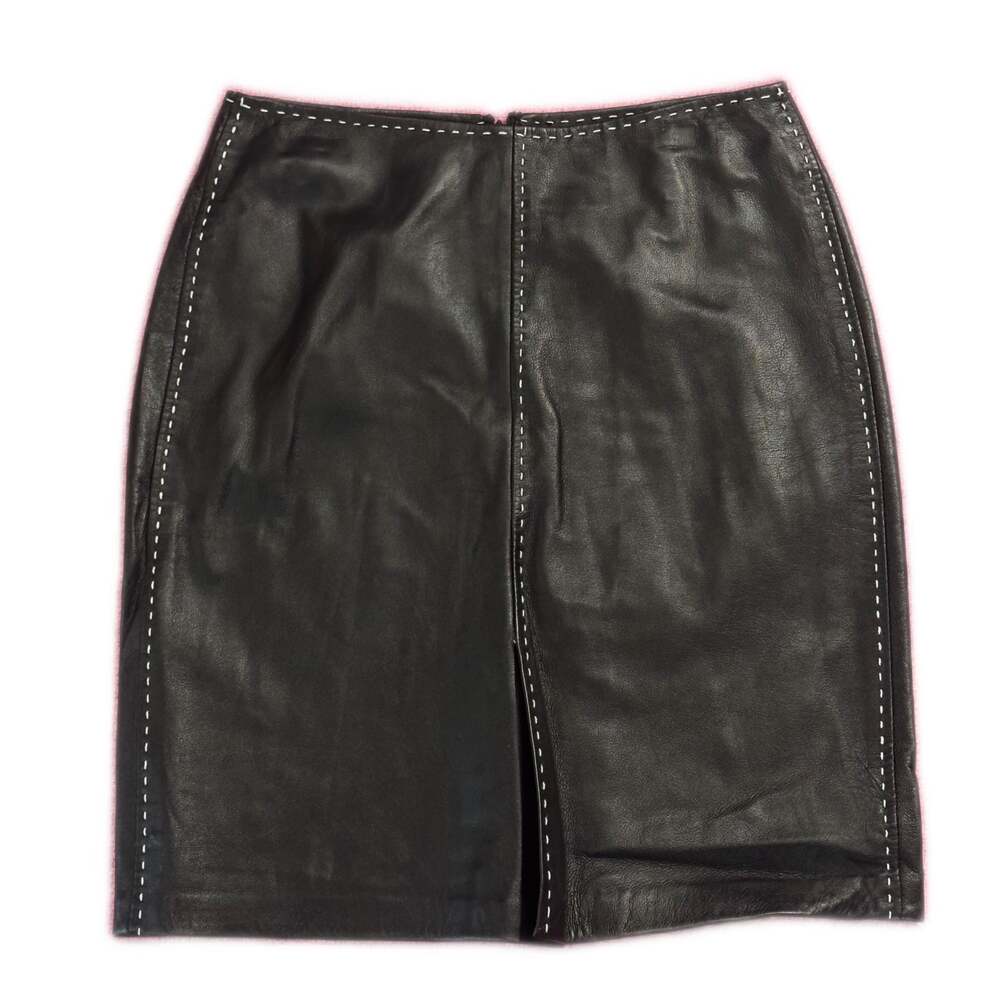 Vintage I.N.C. Woman's Black Genuine Leather Skirt with White Cable Stitch
